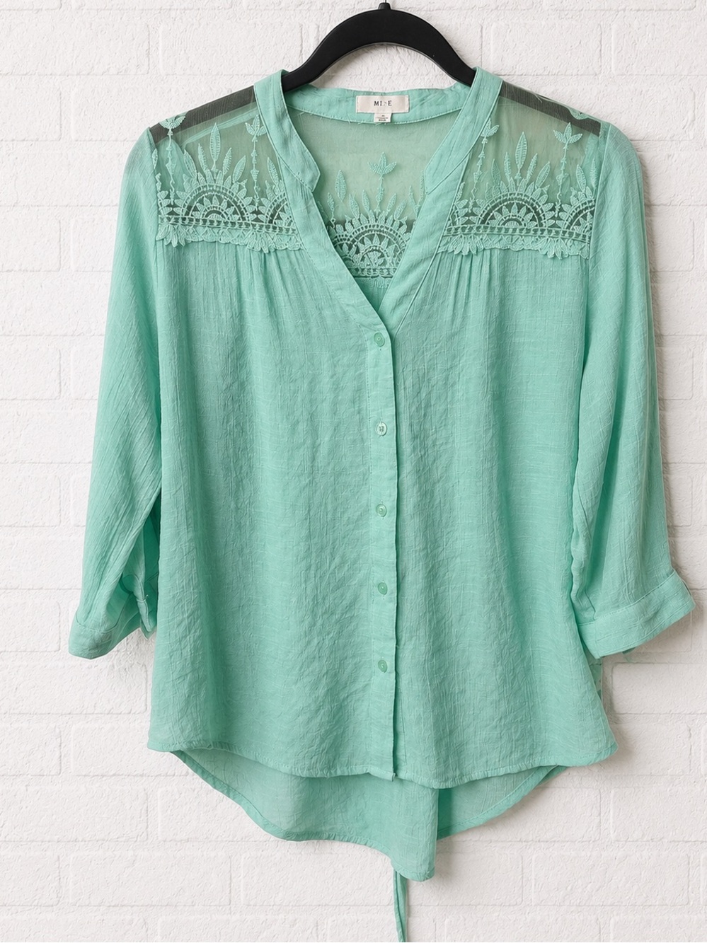 MINE Mint Green Embroidered Mesh Button Front Blouse Medium
